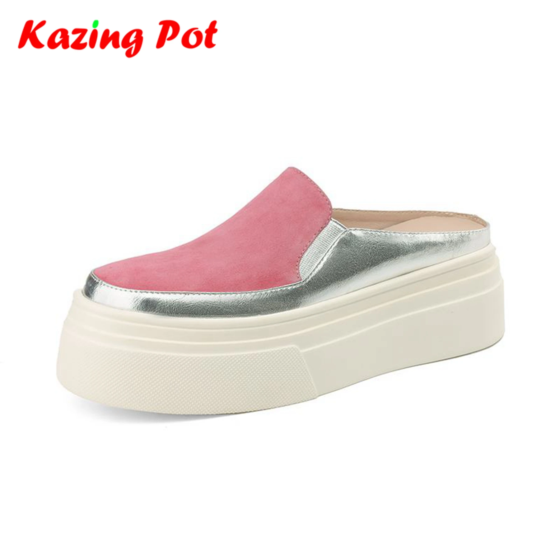 

Krazing Pot Mules Kid Suede Pink Color Summer Slip On Round Toe Flat Platform Women Thick Bottom Leisure Casual Outside Slippers