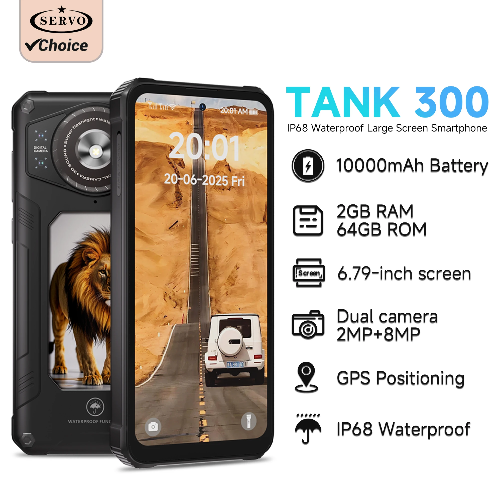 SERVO TANK300 Rugged Smartphone 3G Android System 2GB+64GB Play Store GPS Face Unlock 10000mAh 6.79