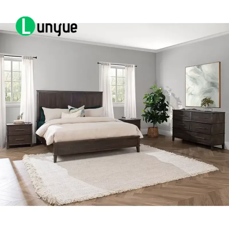 Modern Rustic Wooden Bedroom Furniture Set Queen Bed Nightstand Dresser Solid Wood Home Decor Durable Residential Use