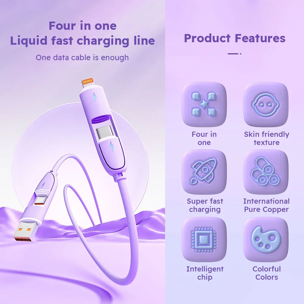 4 في 1 كابل USB معتمد من جل السيليكا MFi من النوع C Usb Micro لهاتف Iphone Samsung Huawei Xiaomi متعدد المنافذ سلك شحن متعدد #5