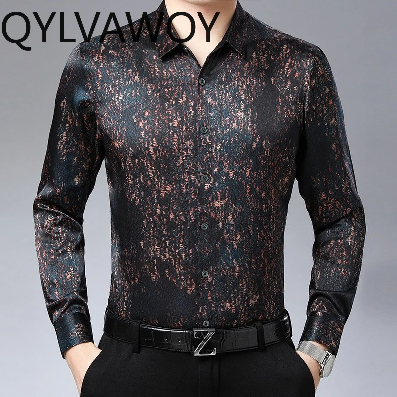 QYLVAWOY 90.8% Mulberry Silk Men's Shirts Spring Autumn Shirt Long Sleeves Thin Menswear Clothing Lapel Tops Casual Vacation