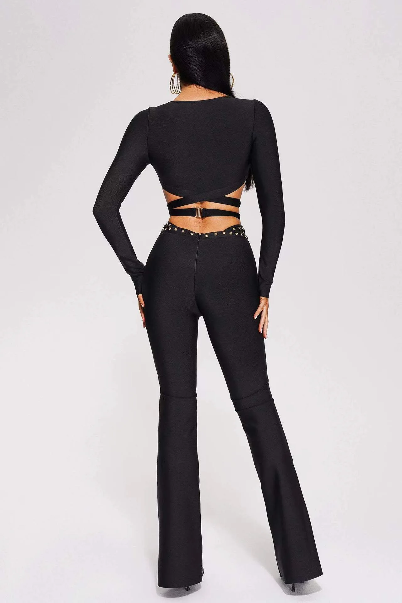 Stylish Res Bandage Woman Set Diamond Chains Backless Halter Cropped top And Waist Chain Flare Pants 2 Pieces Club Party Outfit