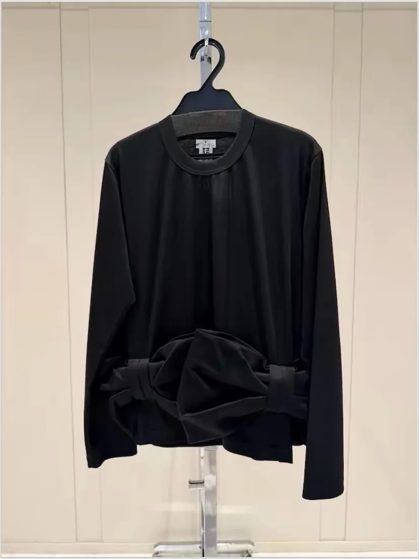 Elegant  Knot Waist-Cinching Long Sleeve round Neck  Color Base Shirt Women's Casual Style Standard Fit T-shirt