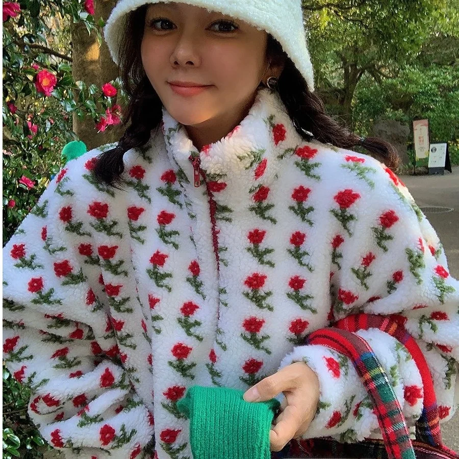 

Стильный корейский свитер-худи с цветочным принтом, теплый, из 100% хлопка, зимний, модный, женский, удобный крой