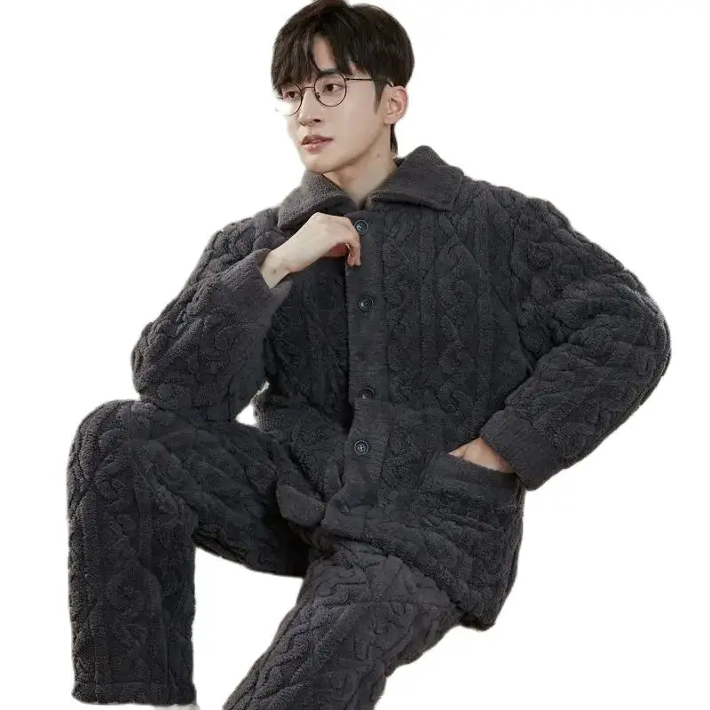 2024 New Three-layer Cotton Jacket Men's Pajamas Male Pijamas Thick Fleece Outside Wear Flannel Loungewear Set Winter Sleepwear
