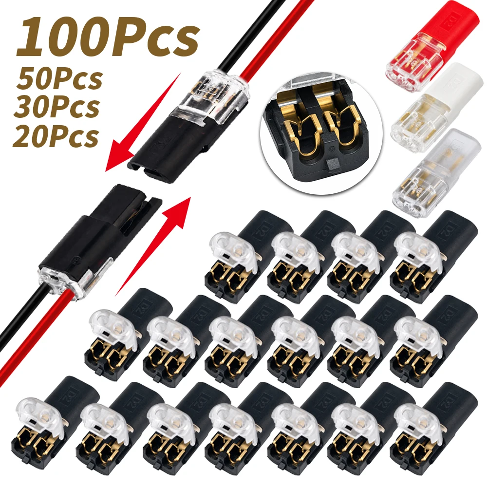Wire Connector 2 Pin Electrical Cable Connector D2 Cable Splice Terminal Quick Connect No Strip 22-18AWG 0.3-0.75mm2 50/100PCS