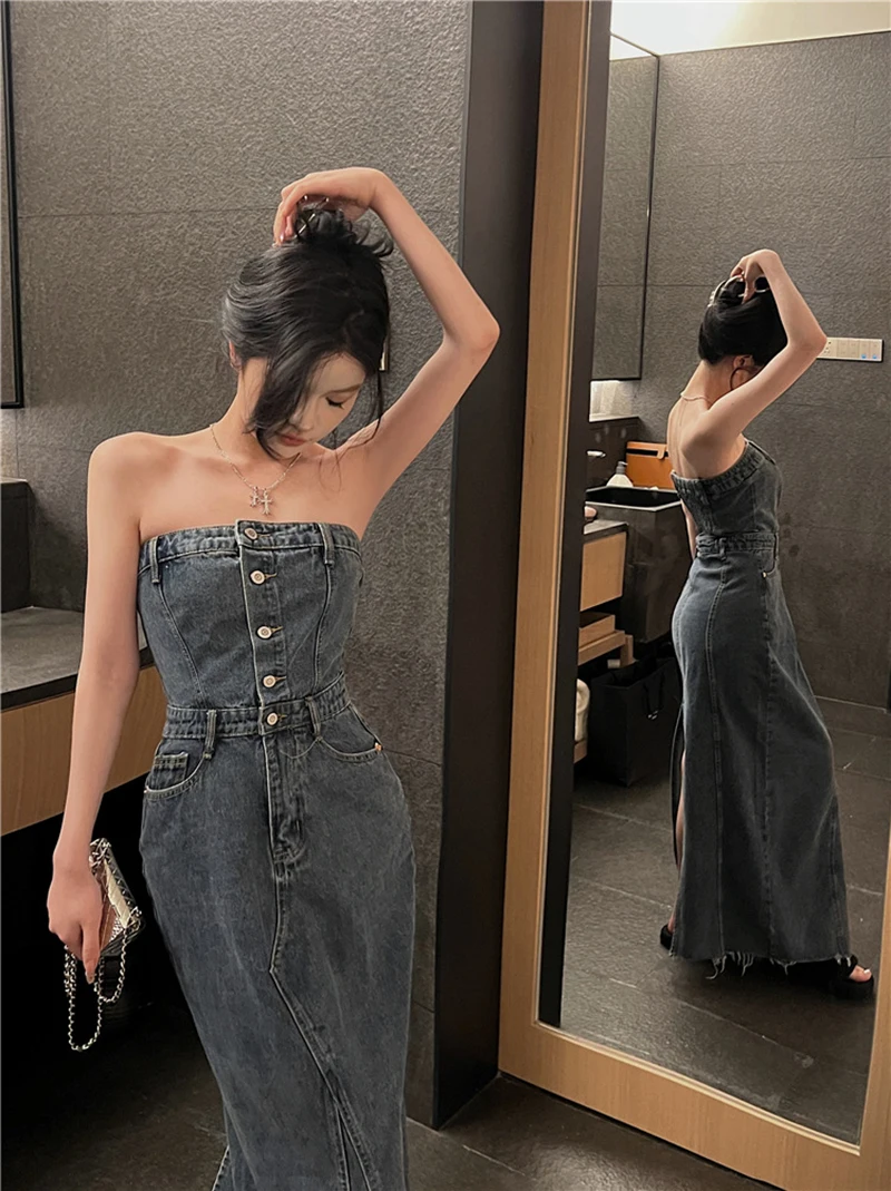 Sleeveless Bra Denim Dress Women\'s Single Breasted Back Pleated Waist Long Vestidos Blue High Waisted Slim Fit Denim Dresses