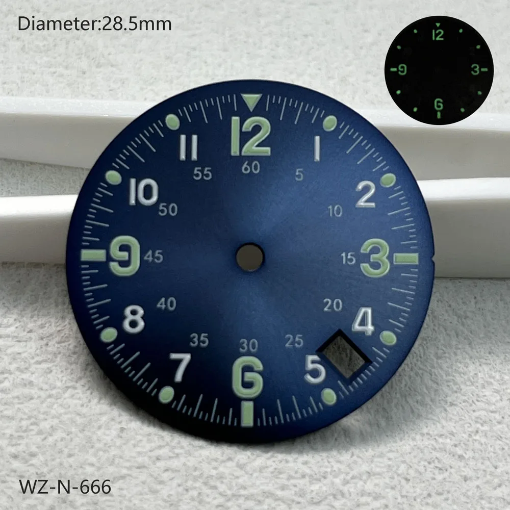 28.5mm NH35 ダイヤル発光アラビア数字ダイヤル、4 時位置に日付付き、NH35 自動巻きムーブメント watchmods はロゴをカスタマイズできます