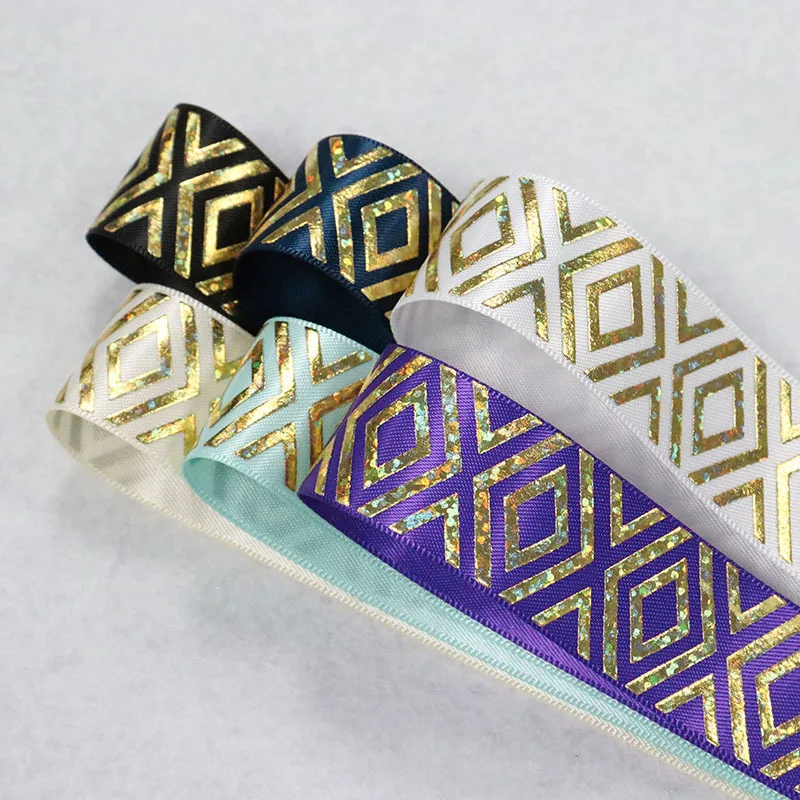 25mm Hologram Gold Foil Geometric Diamond Satin Ribbon 50 Yards/Roll for Gift Wrapping DIY Craft Custom Print Welcome