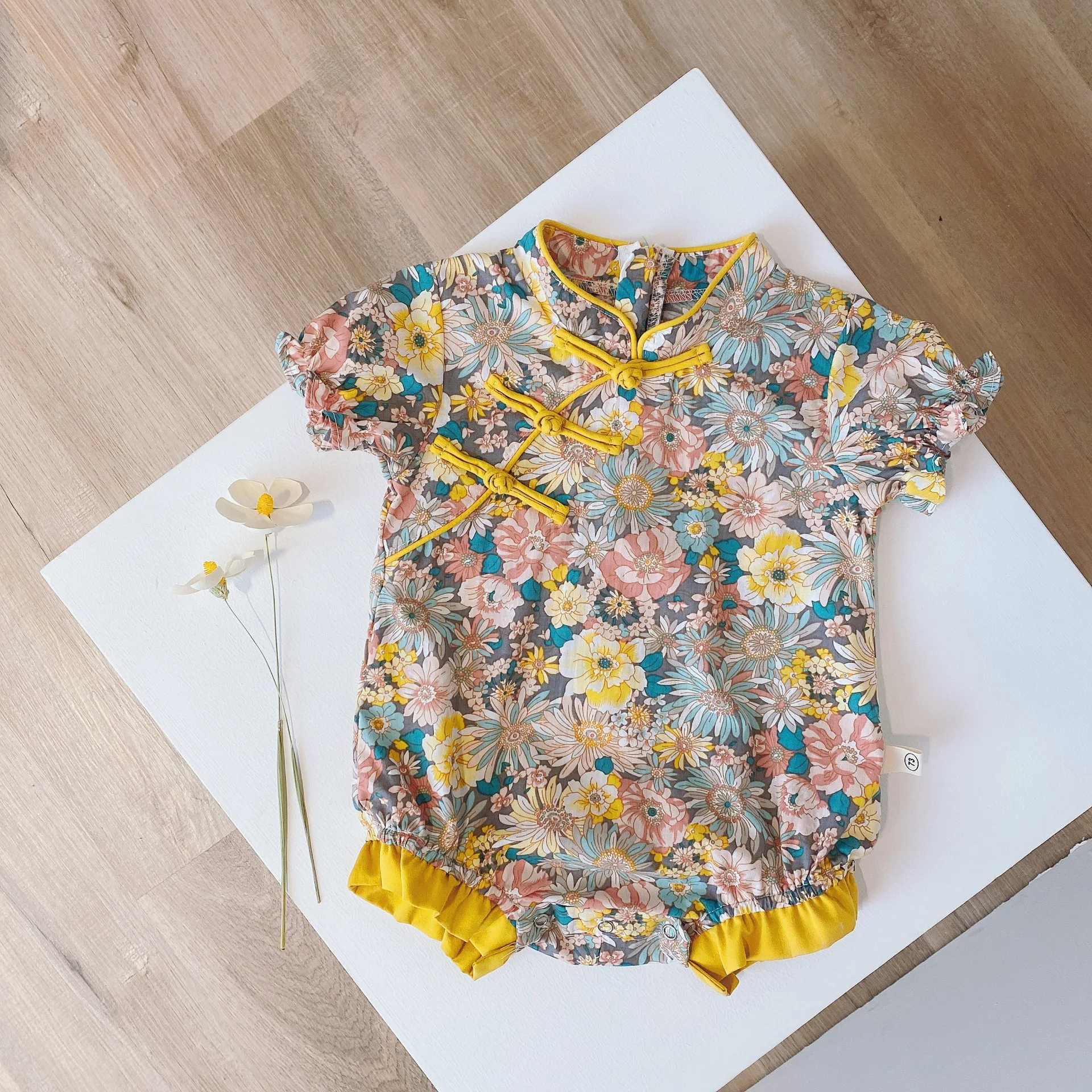 

Детский летний комбинезон для девочек с коротким рукавом, с цветочным принтом, из хлопка, в традиционном китайском стиле, для малышей