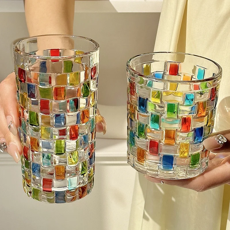 Retro Painted Glass Cup Hand-painted Glass Cups Juice Weaving, Reflective high aesthetic water cup, rainbow, vintage