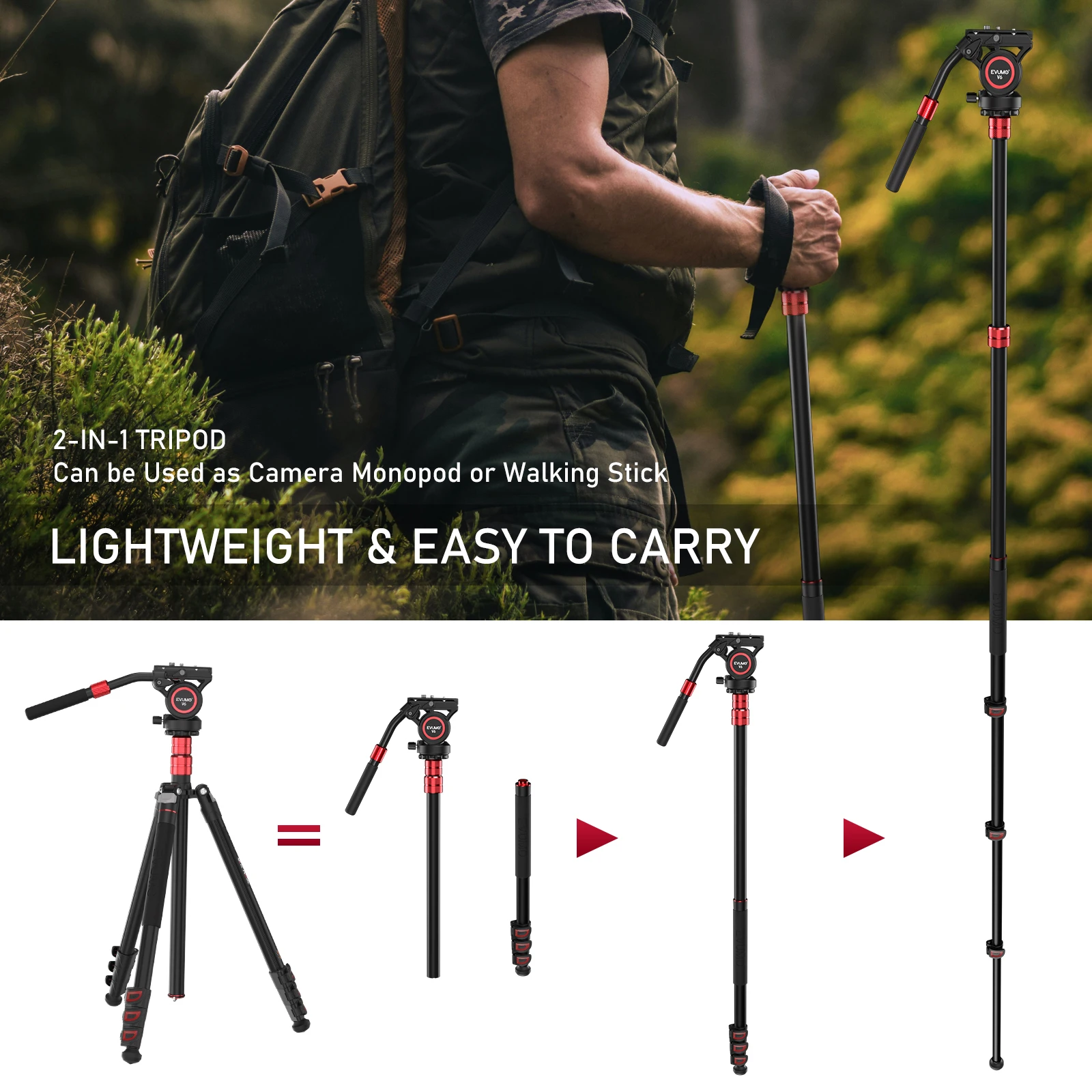 Evumo GF4 Travel Video Tripod Kit Lightweight Aluminum Alloy Tripods with 360° Video Head for Arca-Swiss Quick Release Plate