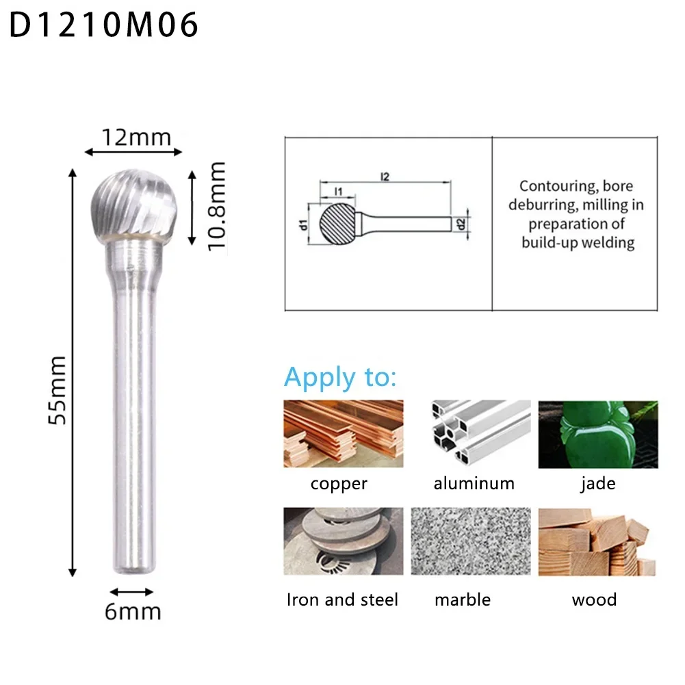 Bola Cabeça Rotary Burr Cortador de Metal, Único e Duplo Corte Tungsten Carbide Grinder Bits, Escultura, Ferramentas elétricas rotativas abrasivas, Tipo D