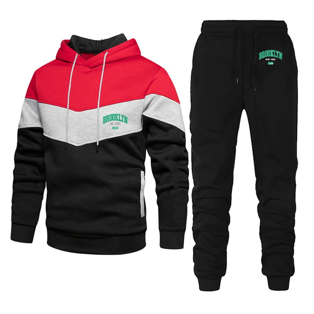 2025 Spring Autumn Men's 1898 Brooklyn New York Logo Print Fashion Patchwork Hoodies+Leisure Sports Long Pants Personality Sets
