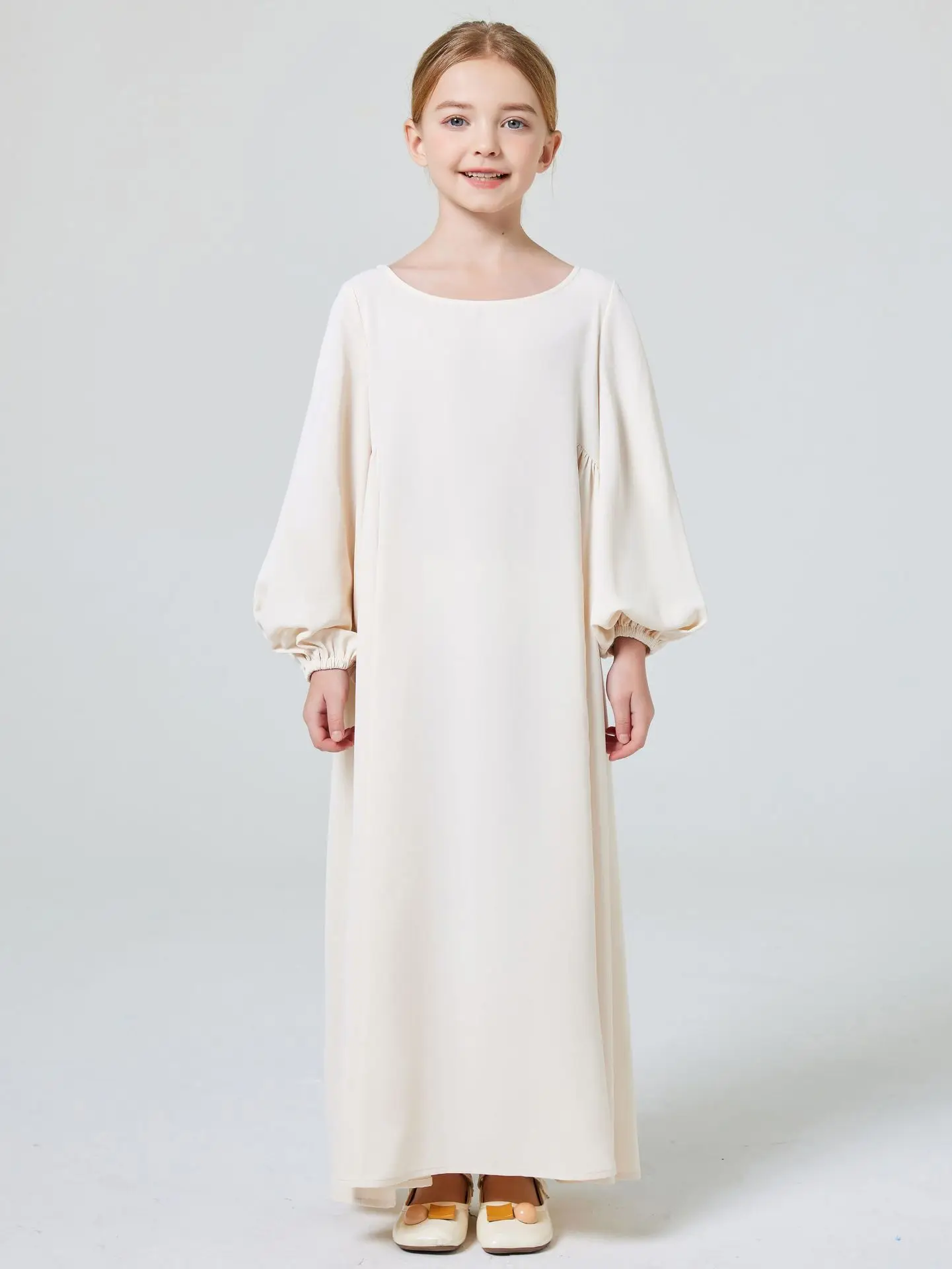 New Ramadan Clothes for Muslim Ramadan Abaya Muslim Elegant Girl's Solid Crew Neck Long Sleeve Kaftan Dress For Pray Party