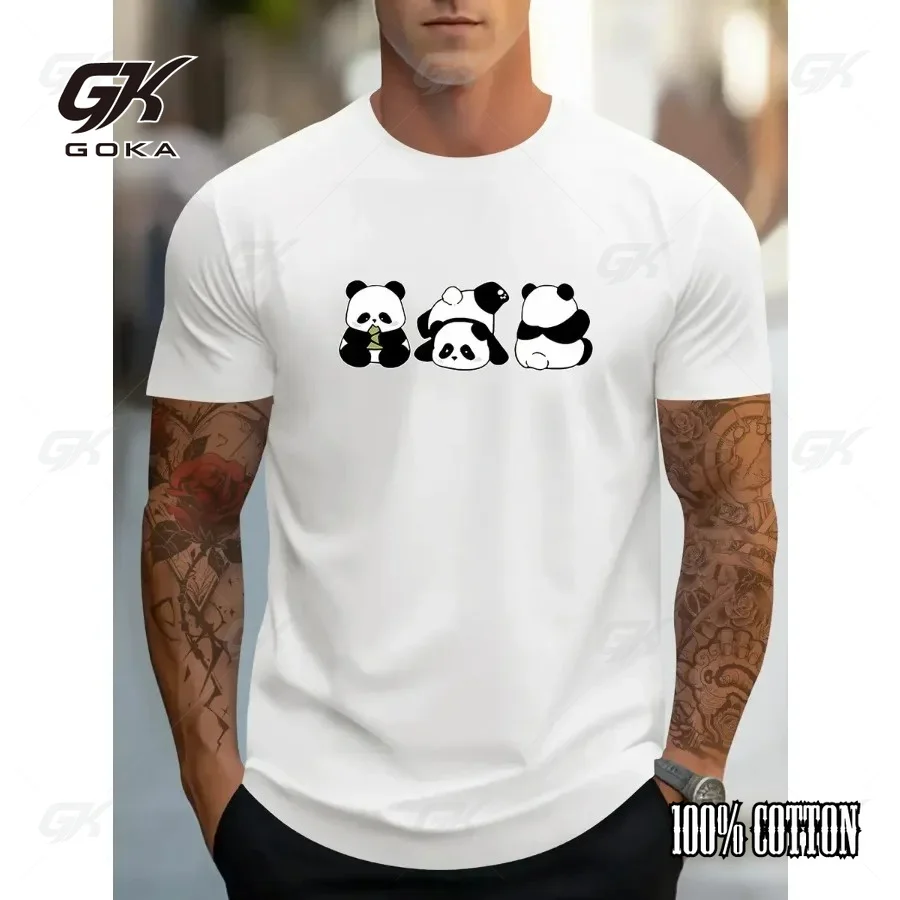 Cute Playful Pandas Graphic T-Shirt, Black Three Poses Cartoon Panda Tee, Animal Lover Casual Short Sleeved Tops Streetwear