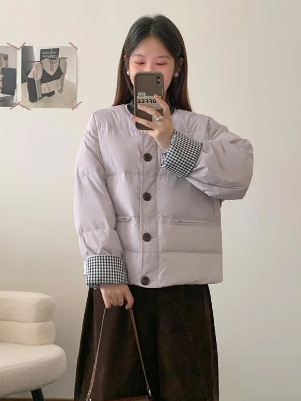 

Корейская стильная хлопковая куртка с круглым вырезом и клетчатыми рукавами, женская модная утепленная верхняя одежда на одной пуговице, новинка зимнего сезона