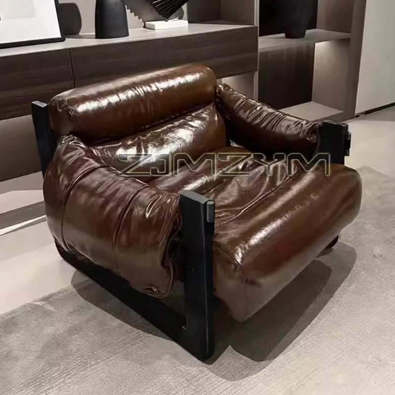 Oil Wax Leather Single Chair Casual Home Sofa Lounge Chairs, Retro Removable Washable Sofa All Solid Metal Base