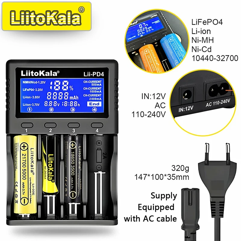 LiitoKala Lii-PD4/PD2 AC PD-oplader LCD Snel opladen 4/2-bay voor 21700/18650/AA/AAA Multi-bescherming Auto-detectie