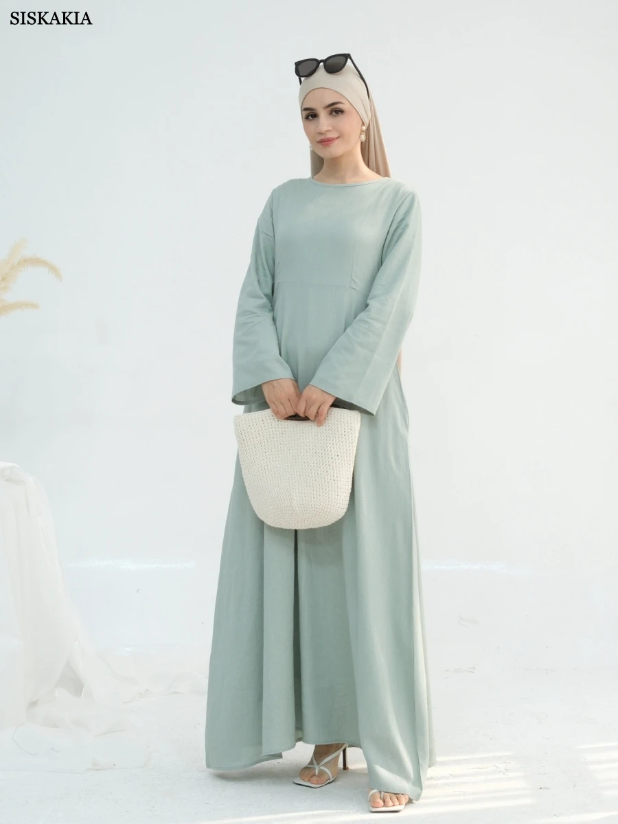 

Siskakia Muslim Solid Waist Dresses Dubai Round Neck Abayas Elegant Casual Kaftan Turkish Dresses For Women