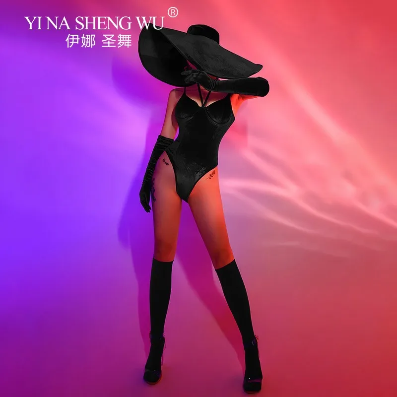 

Women Jazz Dance Costumes Sexy Strap Bodysuit Singer Dj Gogo Pole Dance Stage Show Clothing Club Party Outfits Big Hat Combo