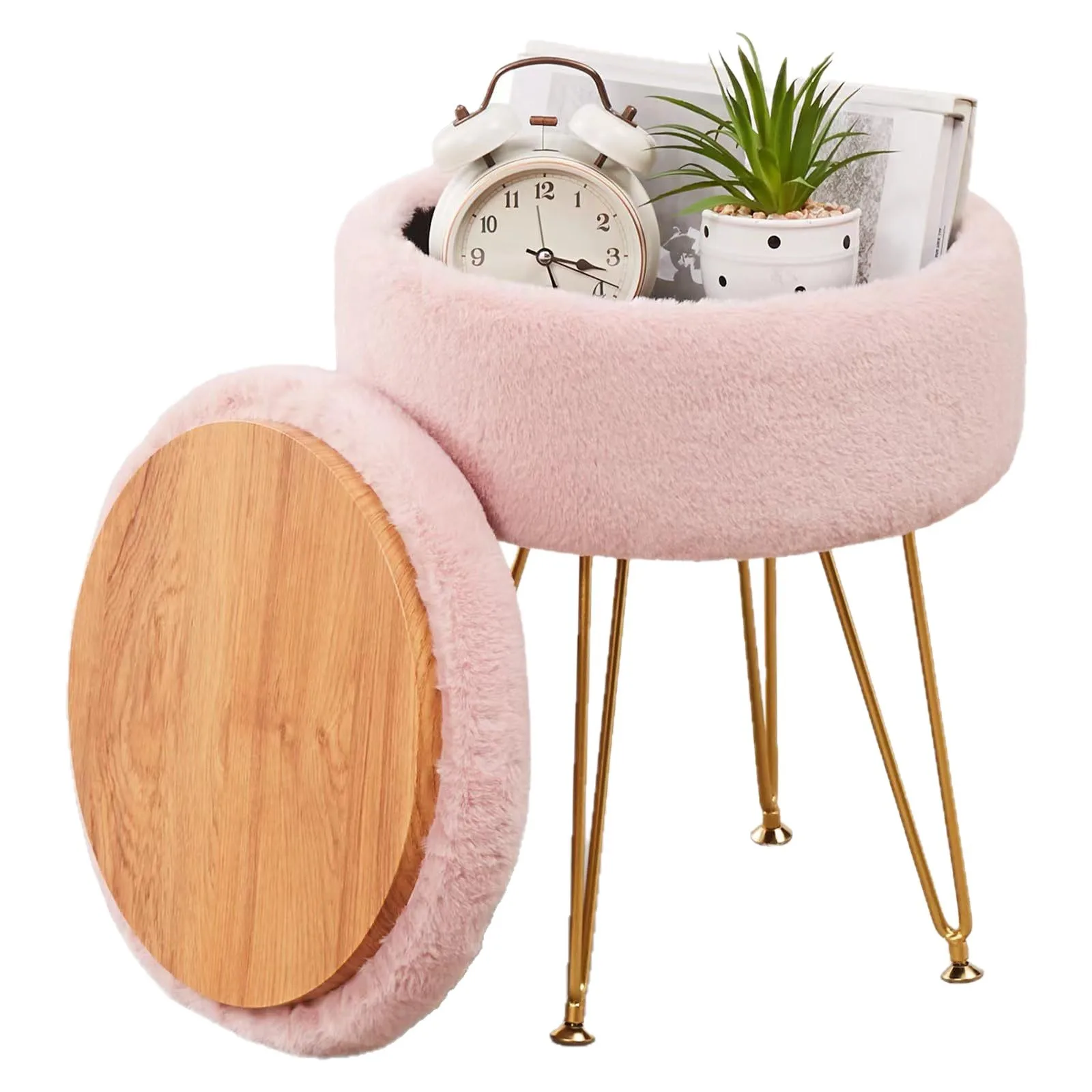 Wimarsbon Bedroom Footrest Ottoman Faux Fur Storage Space Soft Vanity Chair Seat Coffee Table Small Side Table Adjustable