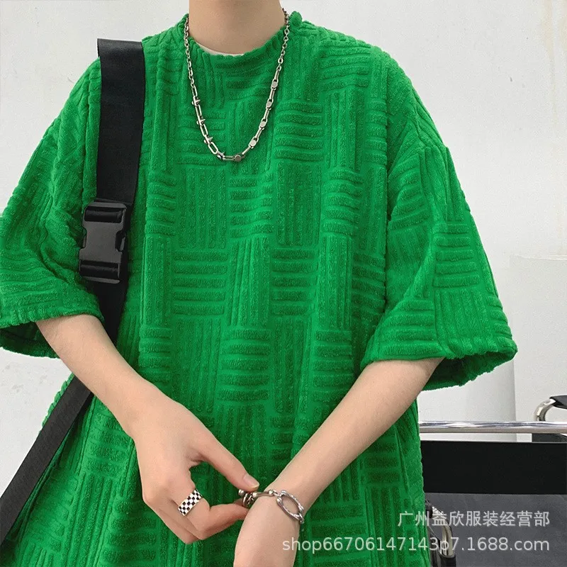 Young Style New Summer Men Green Towel Flocking Plaid Printing Short Sleeved T-shirt Round Neck Casual Loose Comfortable Tops