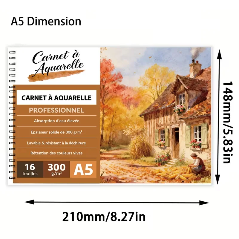 Professional French Spiral Watercolor Sketchbook - A5 Cold-Pressed Paper Suitable for Watercolor, Gouache & Ink, 16 Sheets wi