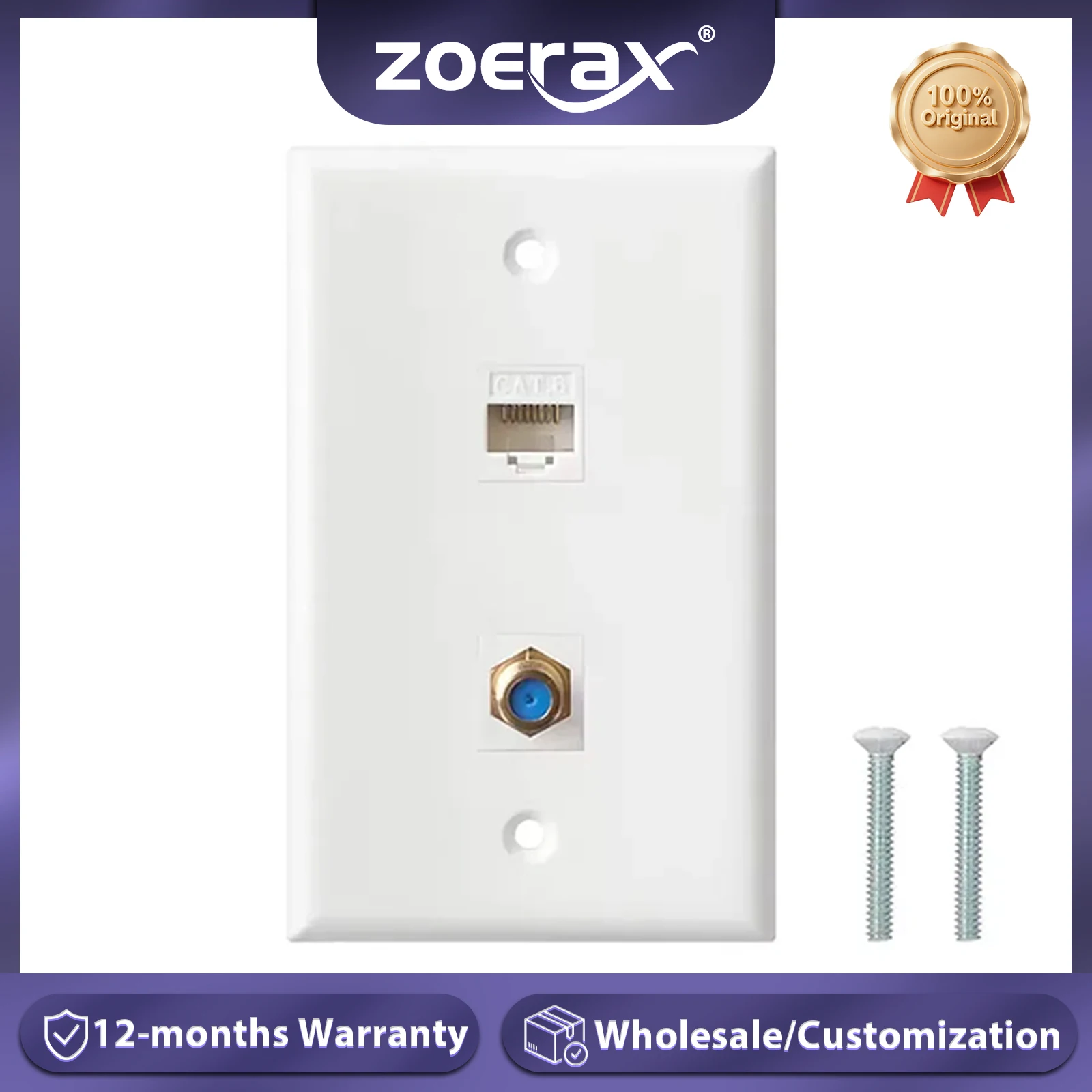 ZoeRax Ethernet Coax Wall Plate, 2-Port/3-Port Cat6 Keystone Jack Coupler and Gold Plated RG6 Keystone Jack Insert Wall Plate