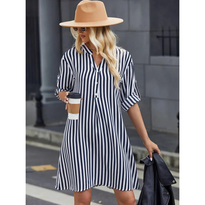 Hot sale fall women's clothing striped long sleeve dress fashionvcollar shirt