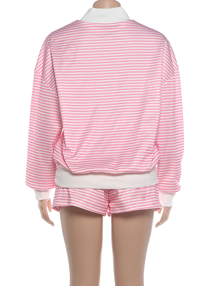 Weird Puss Stripe Patchwork 2-teiliges Set für Damen, T-Shirt mit Rundhalsausschnitt und langen Ärmeln + Mini-Shorts, lässiger, schlichter und bequemer Alltagslook – Detail 5