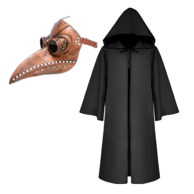 Halloween Cloak Plague Doctor Mask Cosplay Costume Sorcerer Long Shirt Hooded Black Robe Adult Child Holiday Costume Set Props