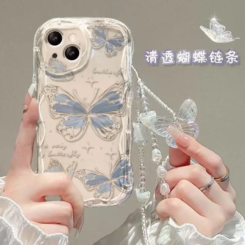 Korea Butterfly Phone Chain Case for Samsung Galaxy S25 S24 S23 S22 Ultra Plus S21 S20 FE A56 A55 5G A54 A34 A53 A35 A14 A15 A16
