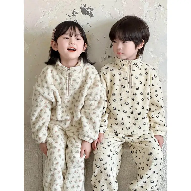 

Childrens Pajama Set Boys Girls Autumn Winter Fleece Lined Thick Older Kids Zipper Stand Collar Wearable Outside Home Wear