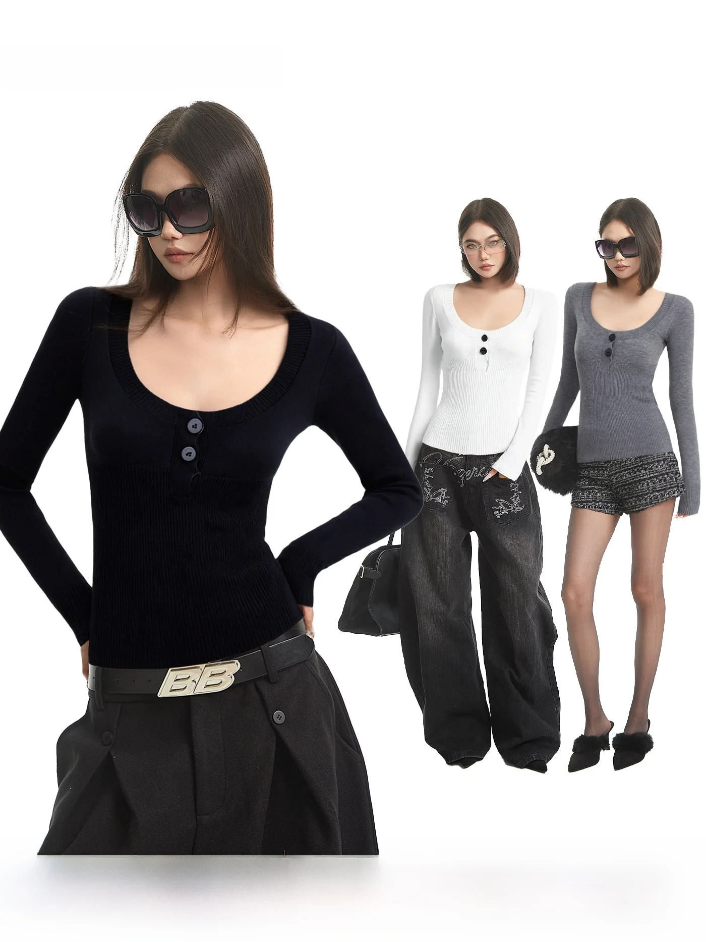 

Slim Fit Long Sve U Ne Knitted Sweater for Women Bla Sexy Girl Sle Autumn Winter Inner Wear Base Layer Top