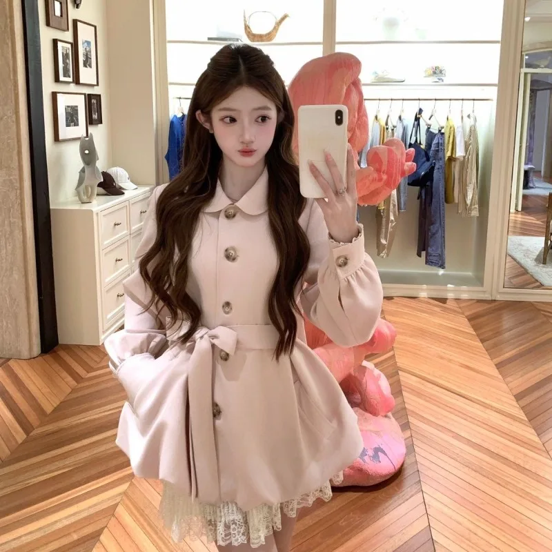Japanese Sweet Lolita Trench Coat Women Pink Lantern Sleeve Turn Down Collar Slim Jackets Kawaii Mid Long Length Loose Outerwear