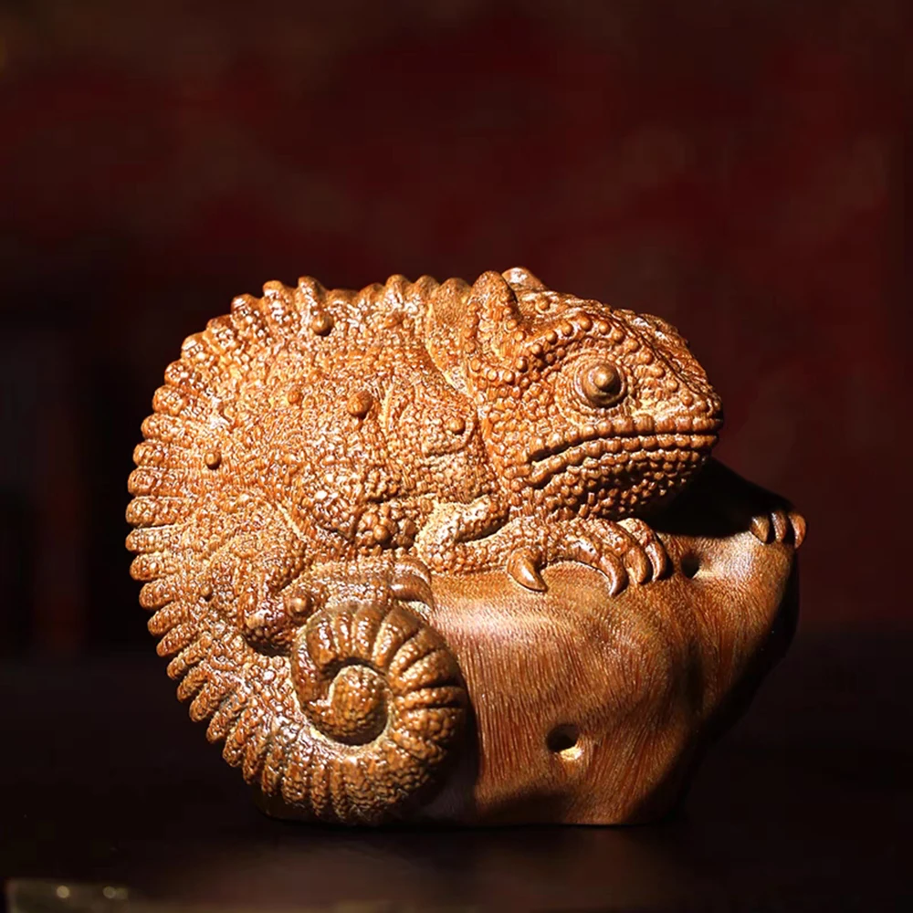 JW88- 7.6 CM Lovely Chameleon Green Sandalwood Sculpture Animal Decoration Craft Gift Miniatur Ornaments