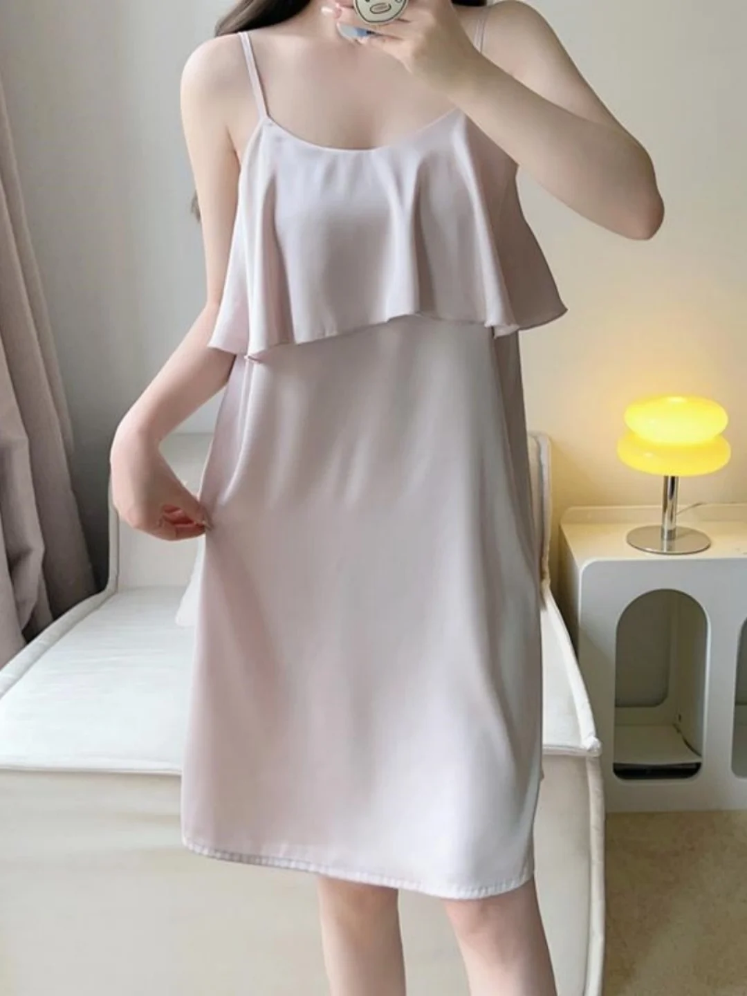 

plus Size Sleep Dress Lace Trimmed Strap Thin Home Clothes Summer Style Casual Leisure round Neck Backless Midi Length Gown