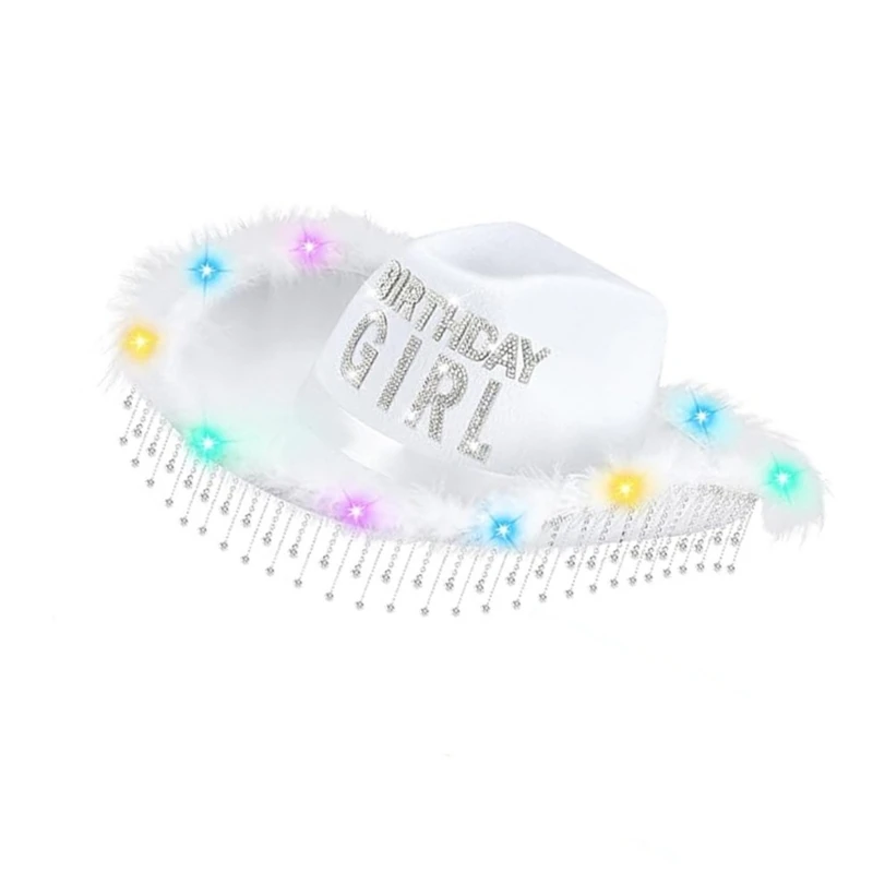 Birthday Cowgirl Hat with Shimmering Tassels  LED Light Up Top Hat for Stage and Club Wear Women Girl Party Costume Hat