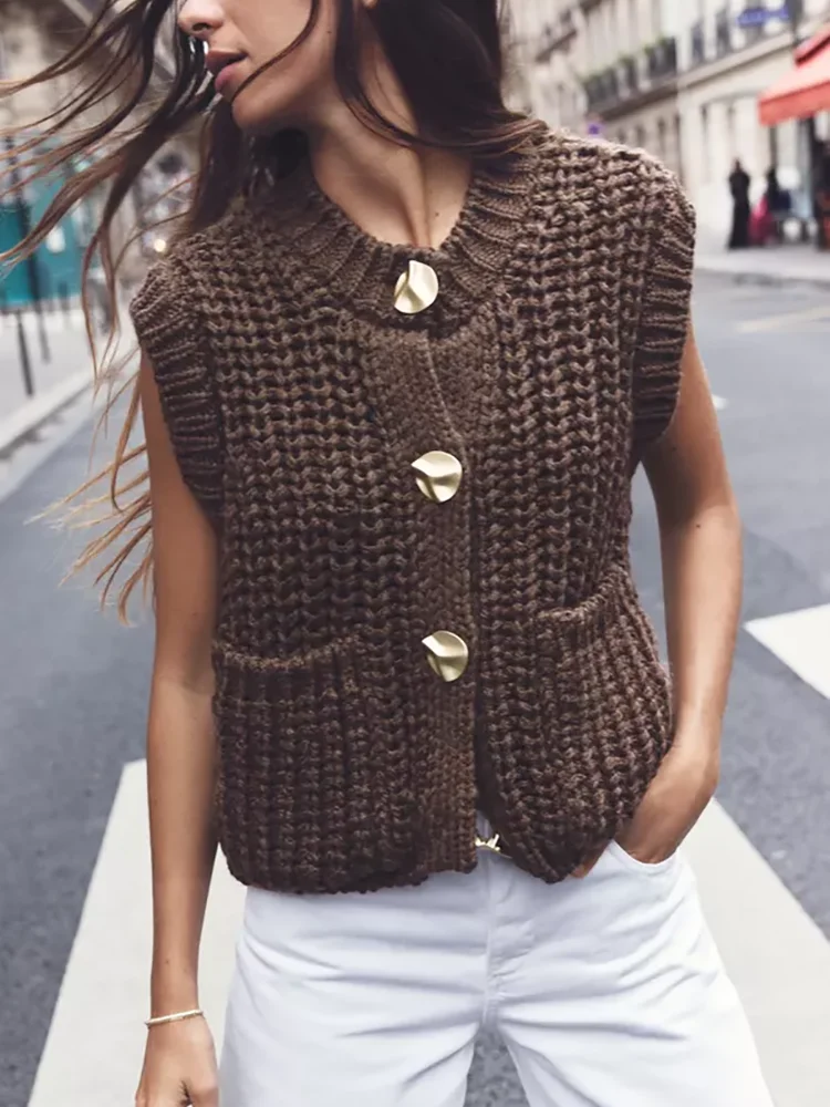 Vintage Brown Women Crochet Waistcoat 2024 Fashion Ladies Casual Vest Sweater for Female Chic Cardigan Sweet Knitwear Cute