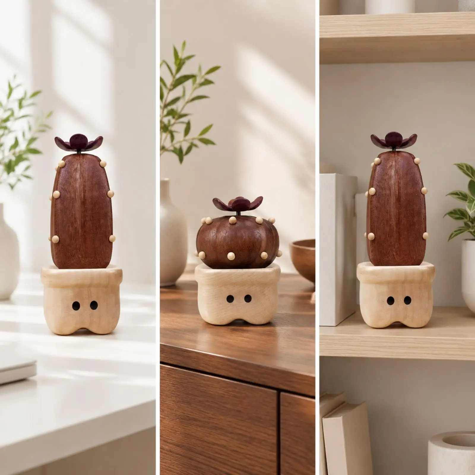 Wooden Cactus Sculpture Desk Decor Cute Plant Figurine Ornament for Entryway Console Living Room Shelf Styling
