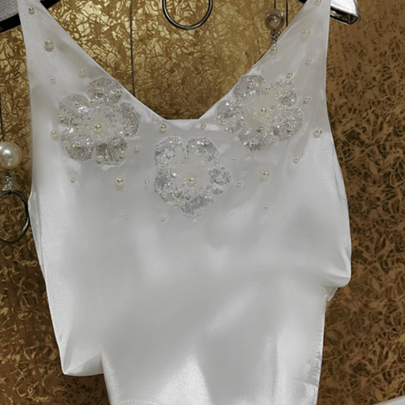 Fairy White Pearls Beaded 3D Flowers Embroidery Sequined Faux Silk Camis Moonlight Satin Bottoming Shirts Vest Sexy Tank Tops