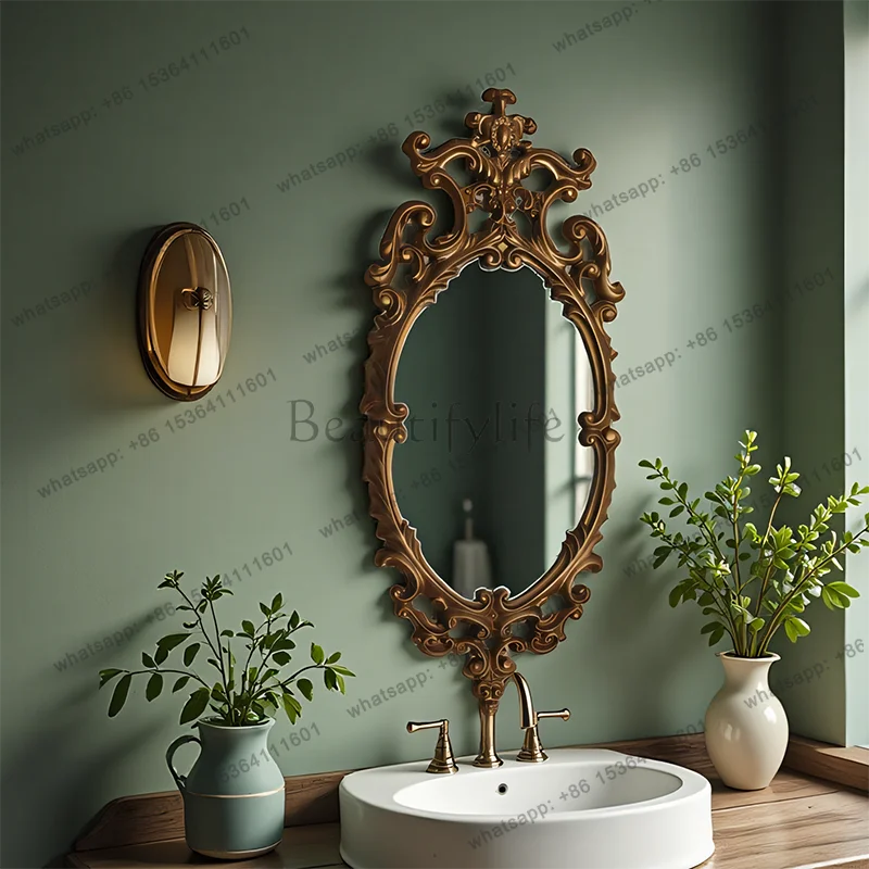 French retro decorative mirror carved wall hanging living room entrance American European oval bathroom mirror