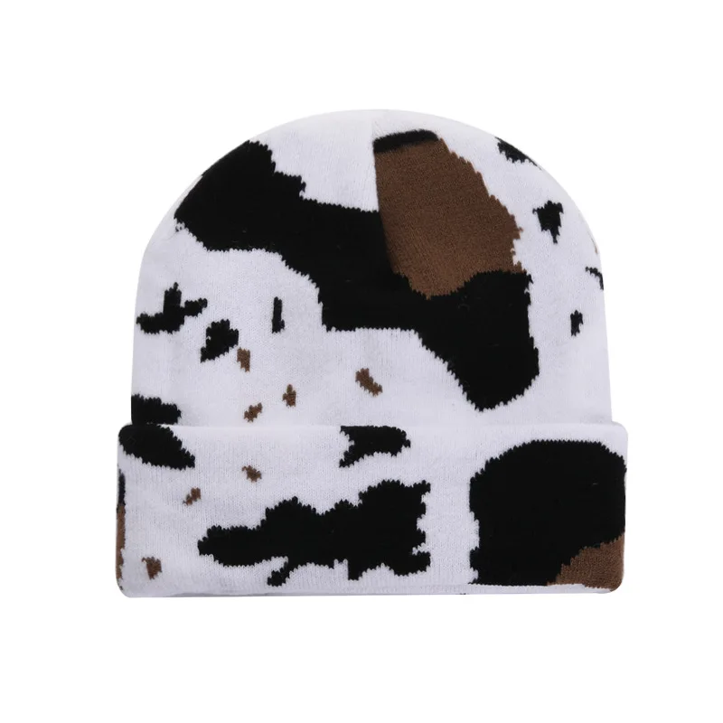 

Korean Japanese Style Animal Print Knit Hat Leopard Cow Design Cute Slouchy Beanie for Students Winter Warm Fashion Headwear
