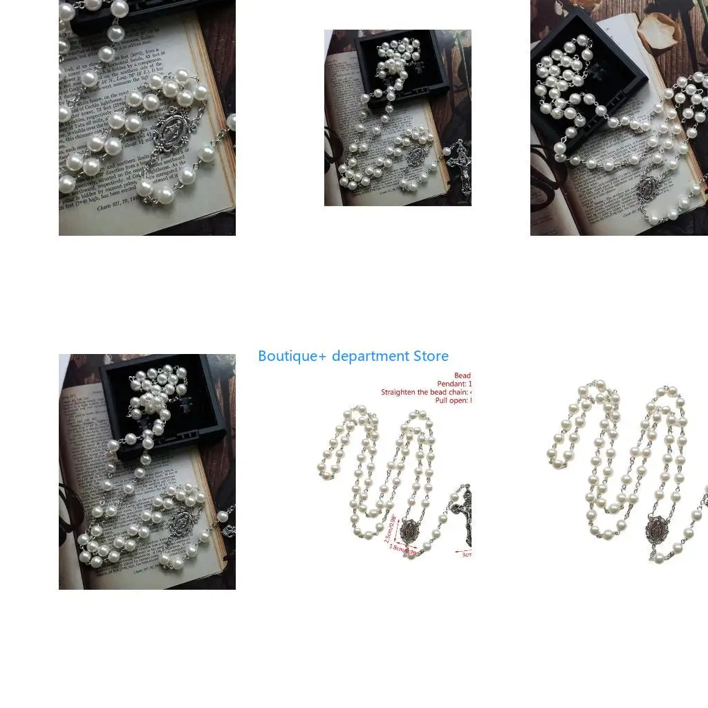 E1PD 8mm Prayer Beads Rosary Necklace Mary Jesus for Cross Pendant Catholic Necklaces Religious Jewelry Women Charm Gifts
