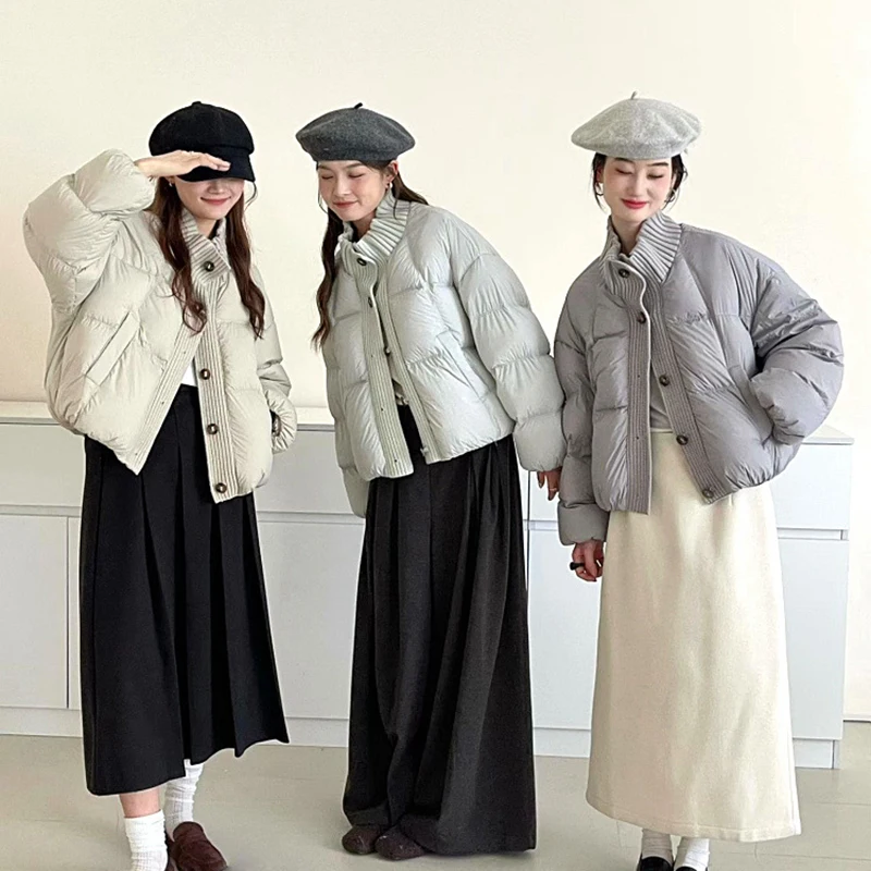 

High Neck Knitted Splicing Down Winter Jacket Women White Duck Down Single Breasted Parker Outwear Female Thick Warm Puff Jacket