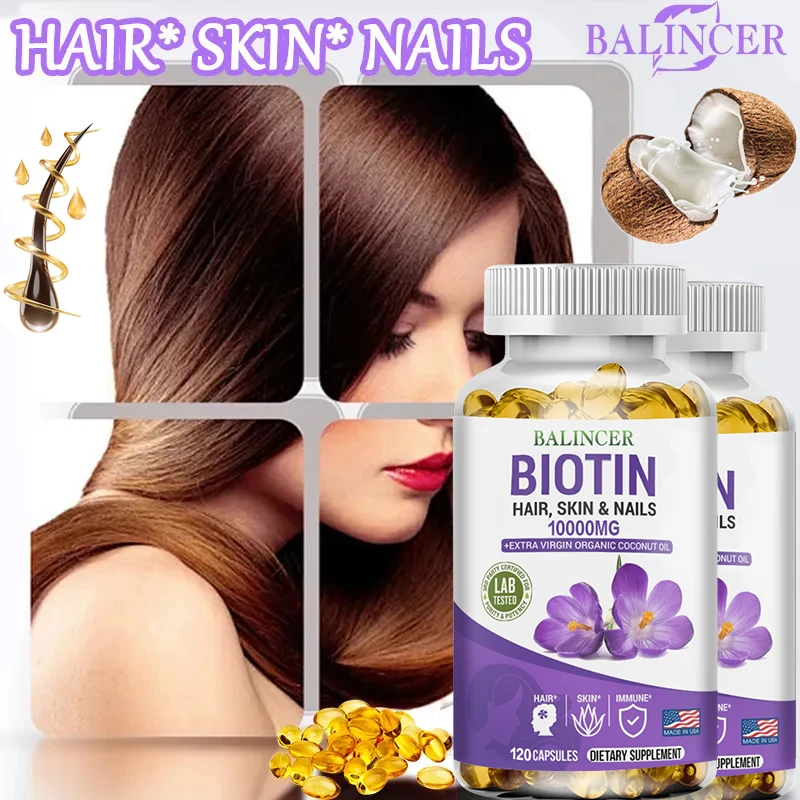 Balincer Biotin Softgels 10000 Mcg, Organic Coconut Oil - Strengthens Hair, Skin, Nails, Supports Immune System Health