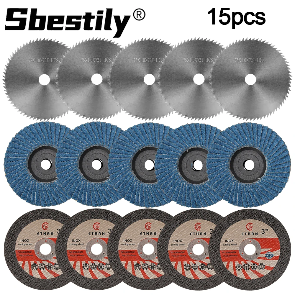 

15pcs 75mm 3" Carbide Circular Saw Blade Resin Cut Off Wheel Flat Flap Discs Grinding Wheel Kit For Wood Grinding Cutting Tools