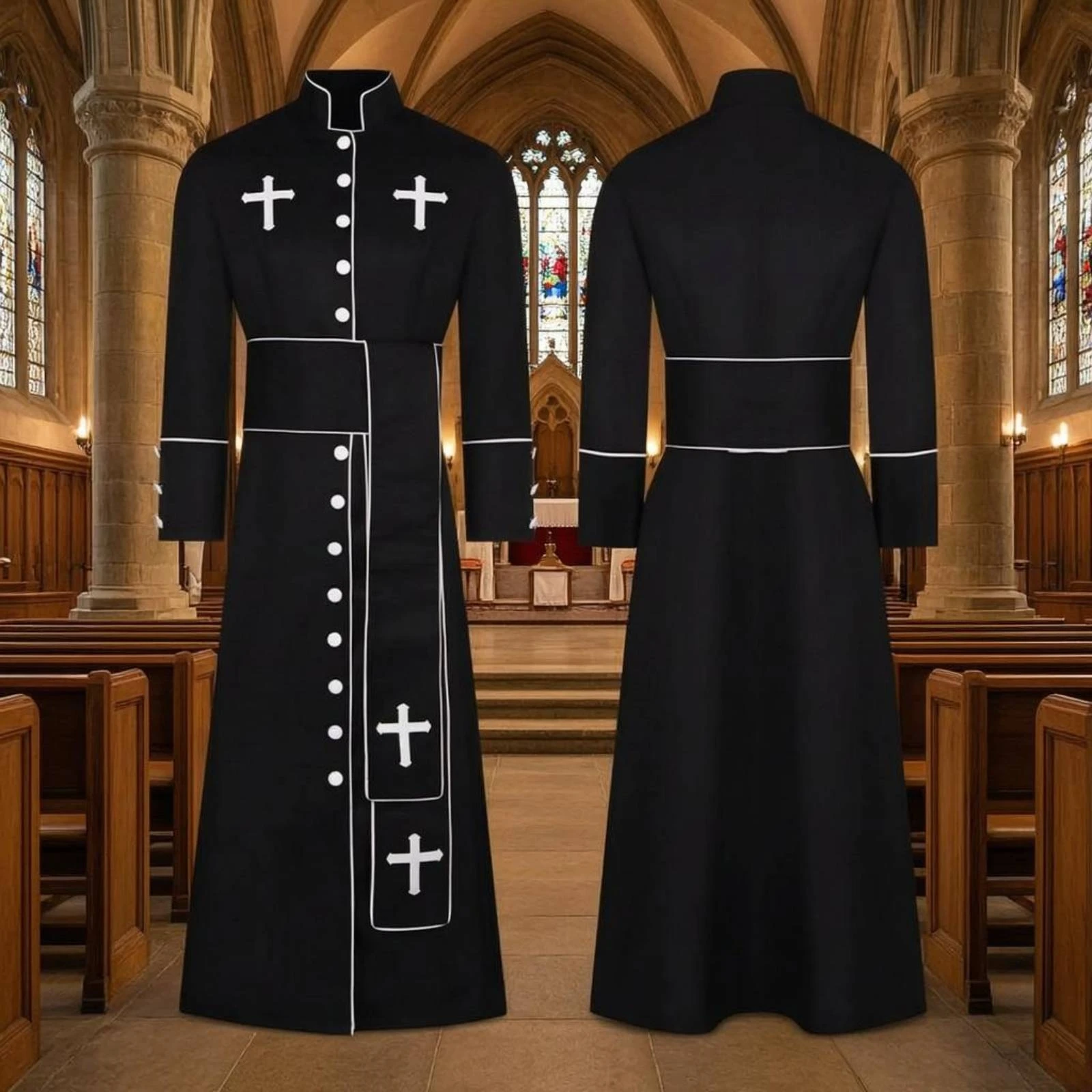 ボタンダウン聖職者ローブ　スタンドカラー　ボタンフロントローブ　ストレートシェイプ　エレガントデザイン