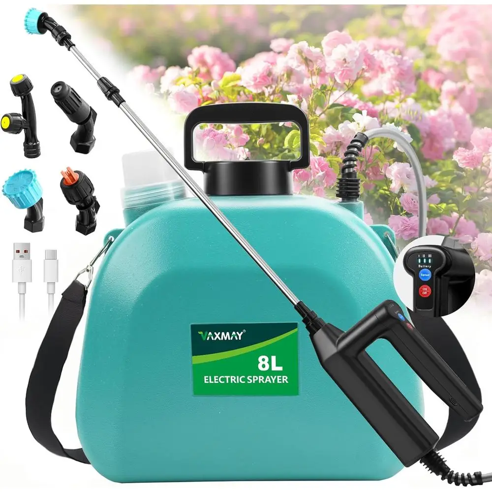 

Battery Powered 2 Gallon Electric Sprayer with Adjustable Nozzles, Rechargeable Wand, Shoulder Strap